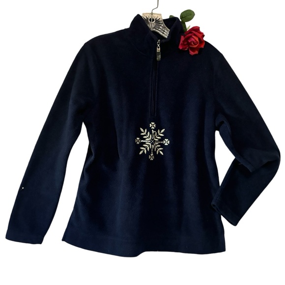 Basic editions blue 1/4 zip long sleeve fleece top metallic EMB snowflake Med - Picture 1 of 9
